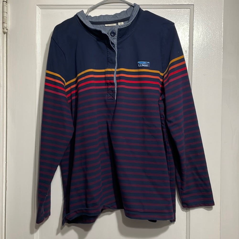 L.L. Bean Women's Navy Striped Long-Sleeve Henley Top